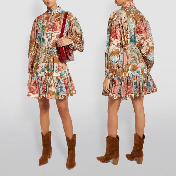 Zimmermann Cassia Blouson A-line Mini Dress Belted Floral Patchwork Size 2 - Picture 1 of 13